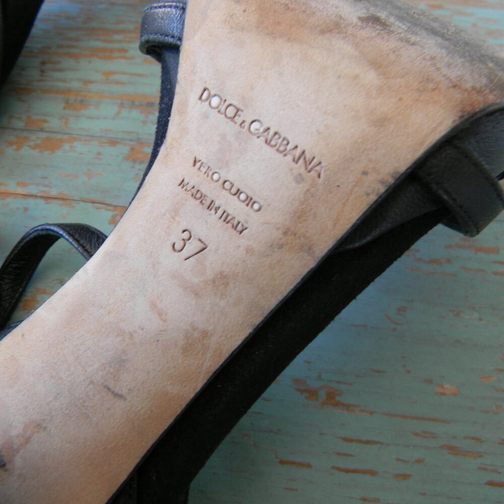 Dolce & Gabbana Black Strappy Leather High Heel Sandals with Gold Accent - Picture 9 of 9